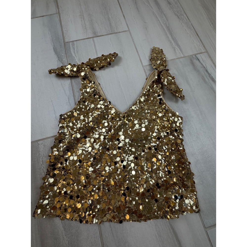 Sugarlips Gold Sequin Tie Strap‎ Tank Top V-Neck Party Blouse STT18038 Small